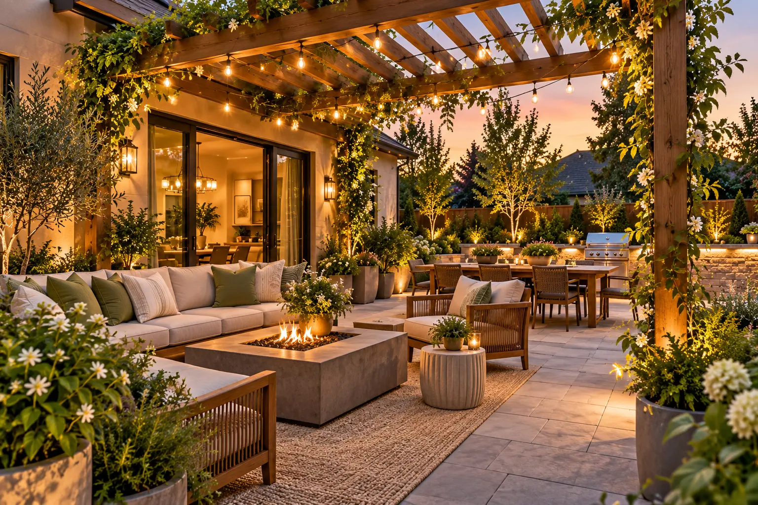 Beautiful backyard patio with a wooden pergola, outdoor seating, fire pit, and warm evening lighting.