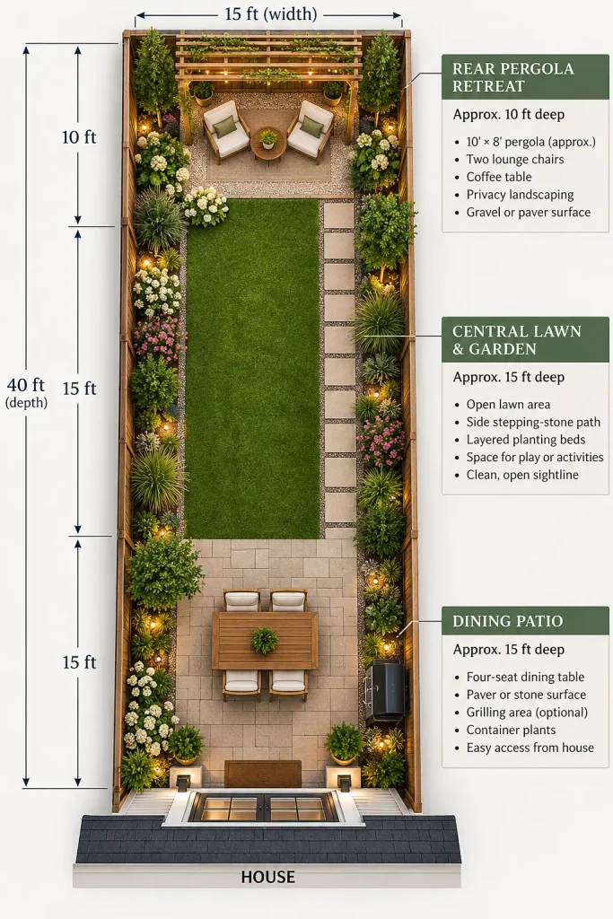 Overhead 15x40 narrow backyard design showing a four-seat dining patio near the house, central lawn, side stepping-stone path, and rear pergola retreat with landscaping.