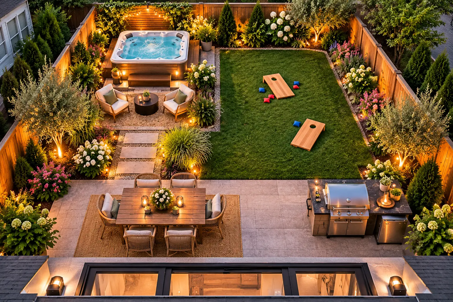 20×30 Backyard Design for Entertaining: Hot Tub, BBQ & Games