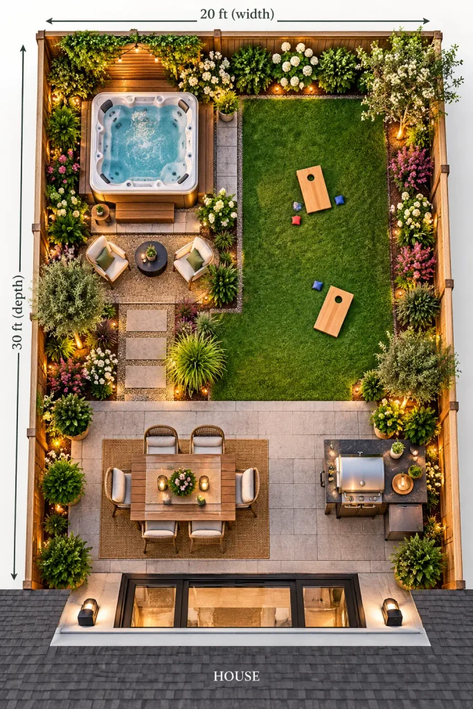 Overhead layout of a 20x30 backyard design with a compact hot tub, cornhole game lawn, outdoor dining patio, BBQ station, lounge seating, and landscaped borders.