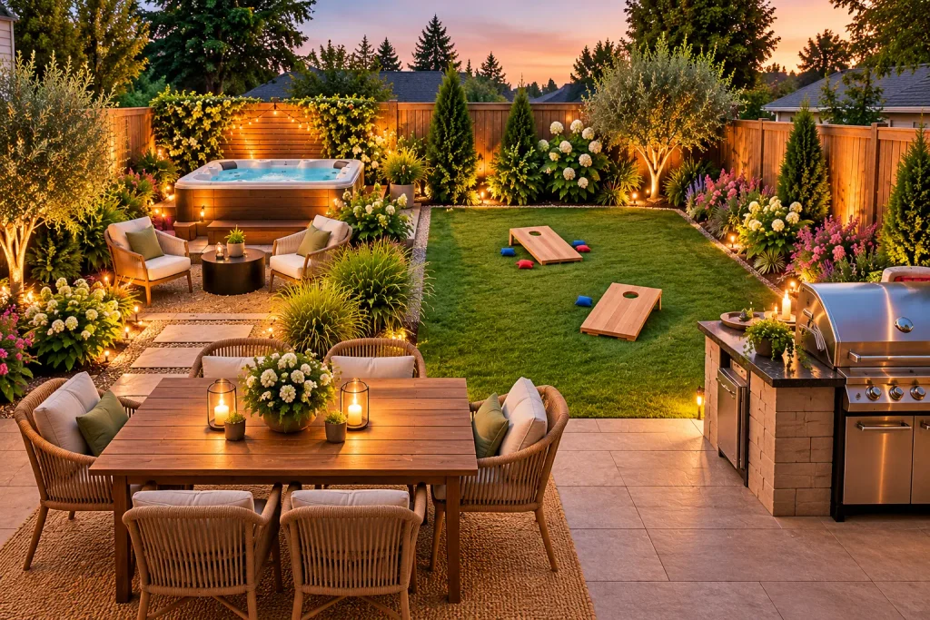 View from the house of a 20x30 backyard design with a hot tub, cornhole game lawn, outdoor dining table, BBQ grill, lounge seating, and landscaped borders.