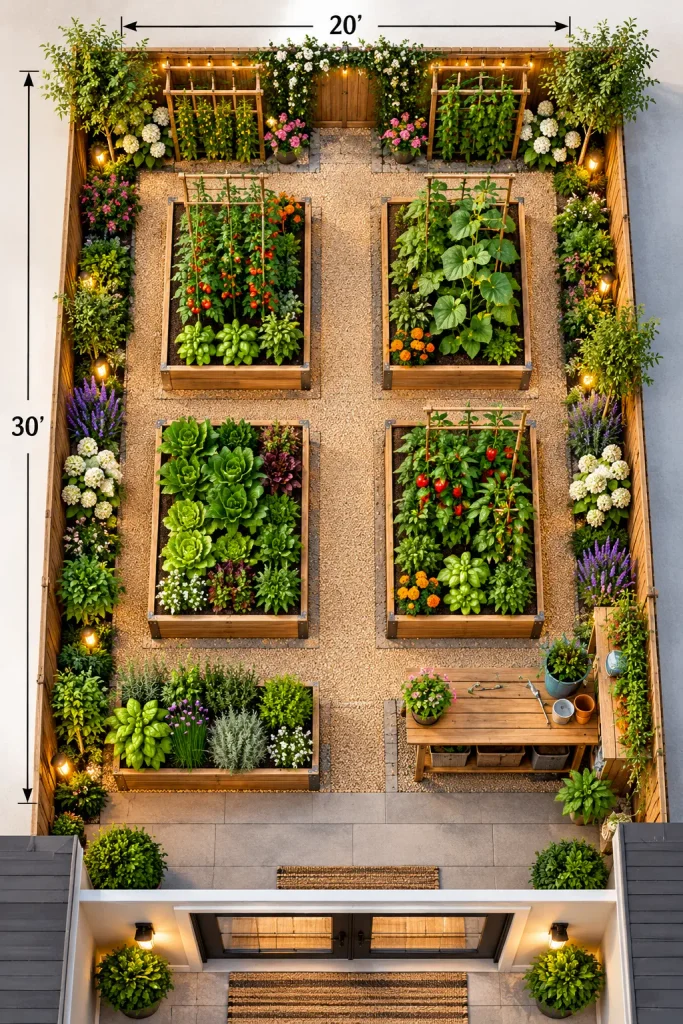 Overhead layout of a 20x30 backyard vegetable garden with four raised beds, a central gravel pathway, herb planter, potting bench, and climbing trellises.