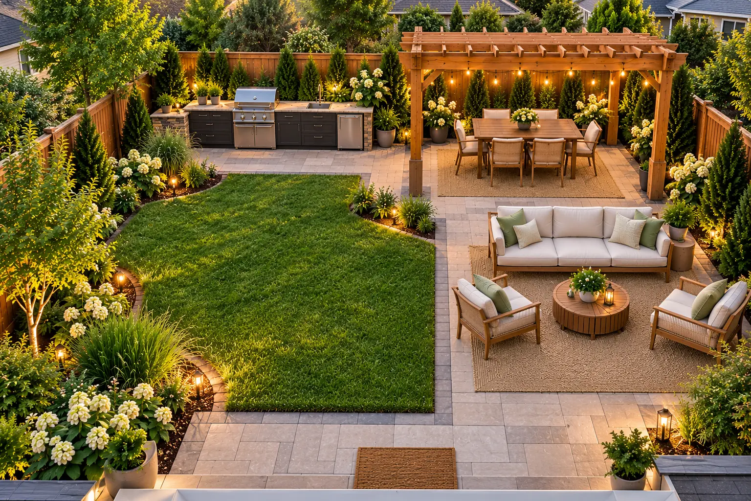 25×30 Backyard Design With Outdoor Kitchen & Pergola
