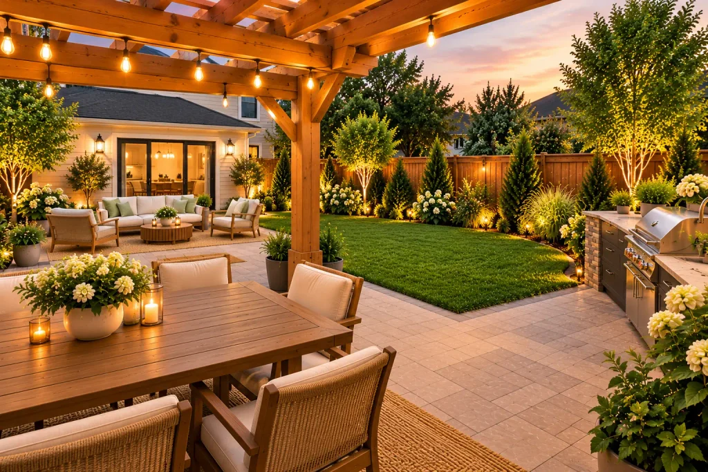 View from a wooden pergola toward the house in a 25x30 backyard design, showing a six-seat dining area, outdoor kitchen, open lawn, cream lounge seating, and privacy landscaping.