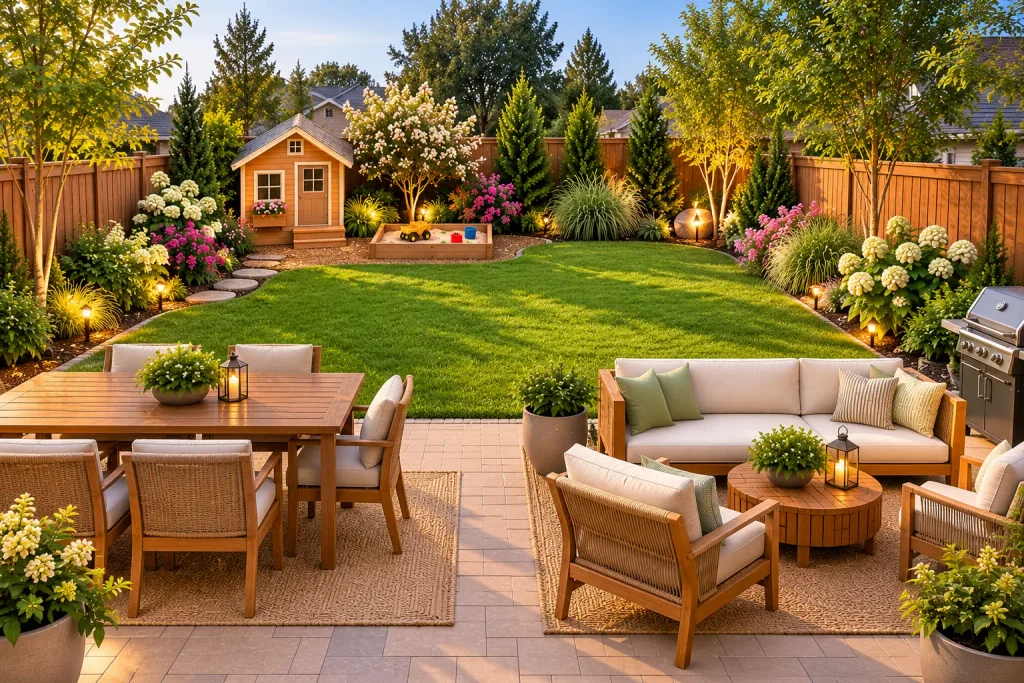 View from the patio of a 25x35 family-friendly backyard design with a six-seat dining table, outdoor lounge, open lawn, wooden playhouse, sandbox, and flowering landscaping.