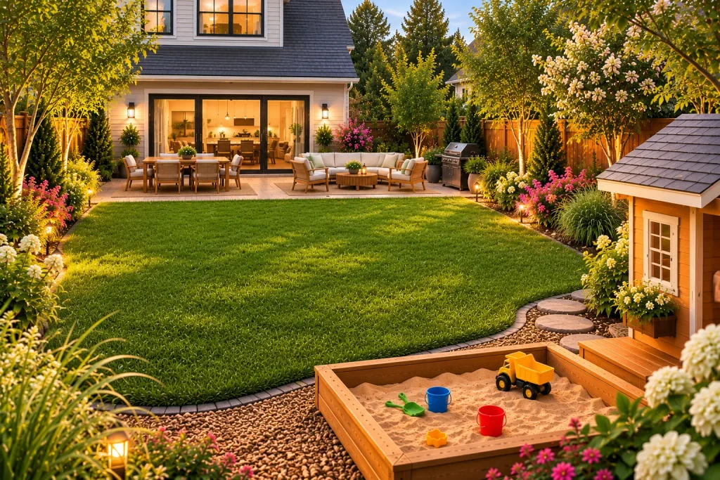 View from the children's play area toward the house in a 25x35 family-friendly backyard design, featuring a wooden playhouse, sandbox, open lawn, dining patio, outdoor lounge, and BBQ grill.
