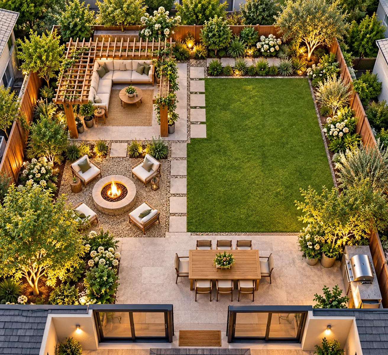 Aerial 3D rendering of a 30x40 backyard without a pool, featuring a wooden pergola, fire pit, open lawn, dining patio, and landscaped garden beds.