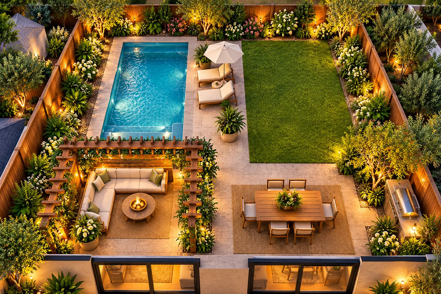 Aerial 3D rendering of a 30x40 backyard with a rectangular swimming pool, poolside lounge chairs, wooden pergola, outdoor dining area, lawn, and lush landscaping.