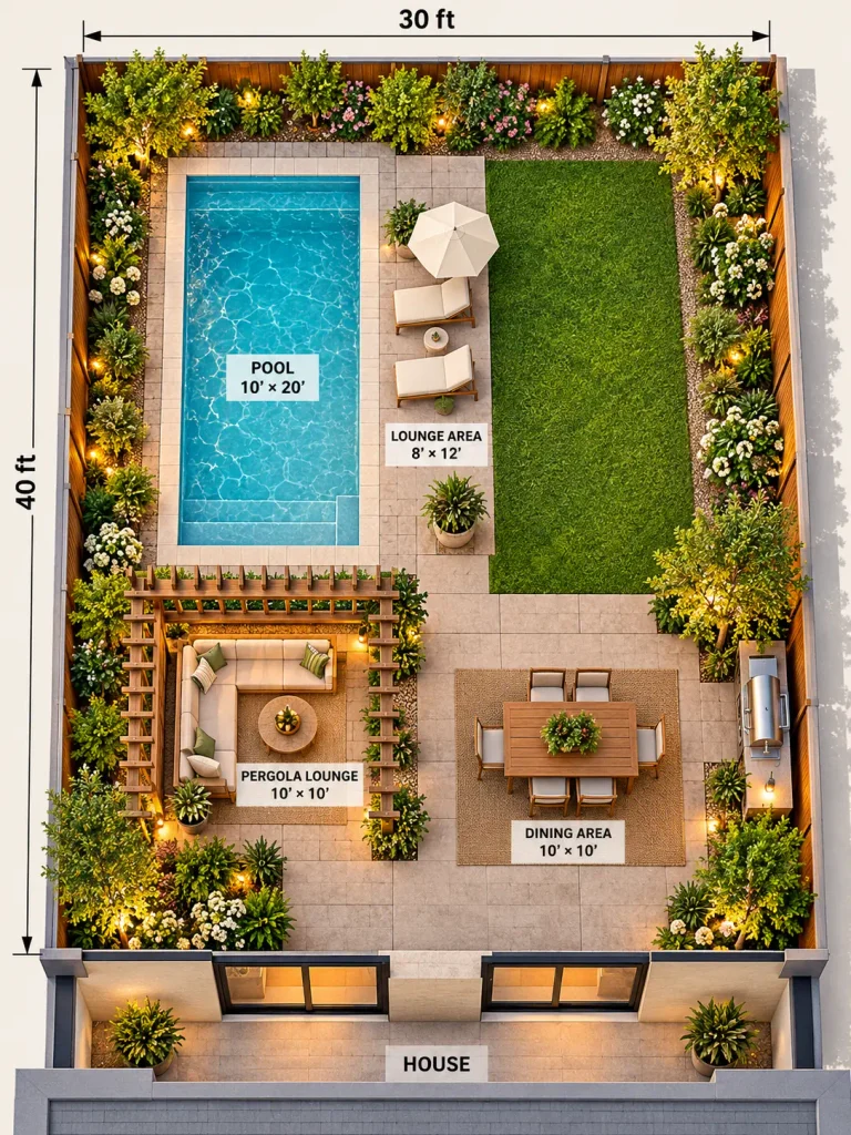 Overhead concept plan of a 30x40 backyard with a 10x20 swimming pool, poolside loungers, wooden pergola, outdoor dining patio, lawn, and landscaped garden beds.