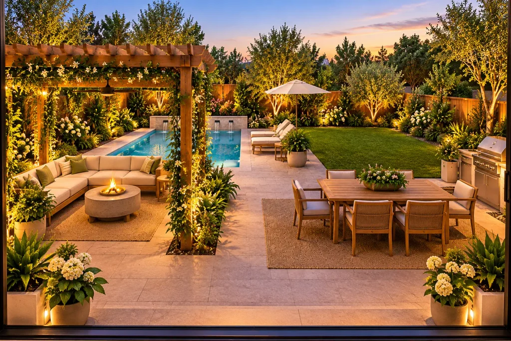 View from the house of a 30x40 backyard with a rectangular swimming pool, wooden pergola lounge, outdoor dining patio, poolside loungers, and landscaped lawn.