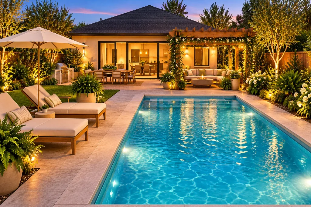 View toward the house from a rectangular backyard swimming pool, showing poolside lounge chairs, outdoor dining patio, wooden pergola seating, and landscaped garden at dusk.