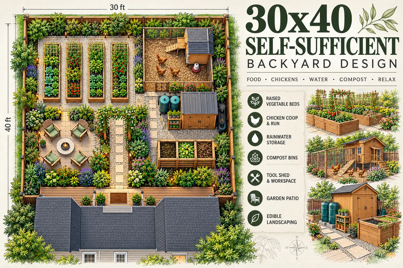 30×40 Self-Sufficient Backyard Design: Food, Water, Chickens & More