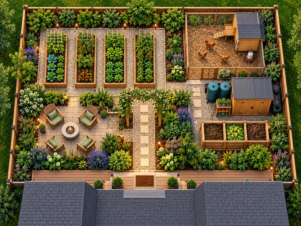 Overhead view of a 30x40 self-sufficient backyard design with raised vegetable beds, chicken coop, patio, rain barrels, compost bins, and tool shed.