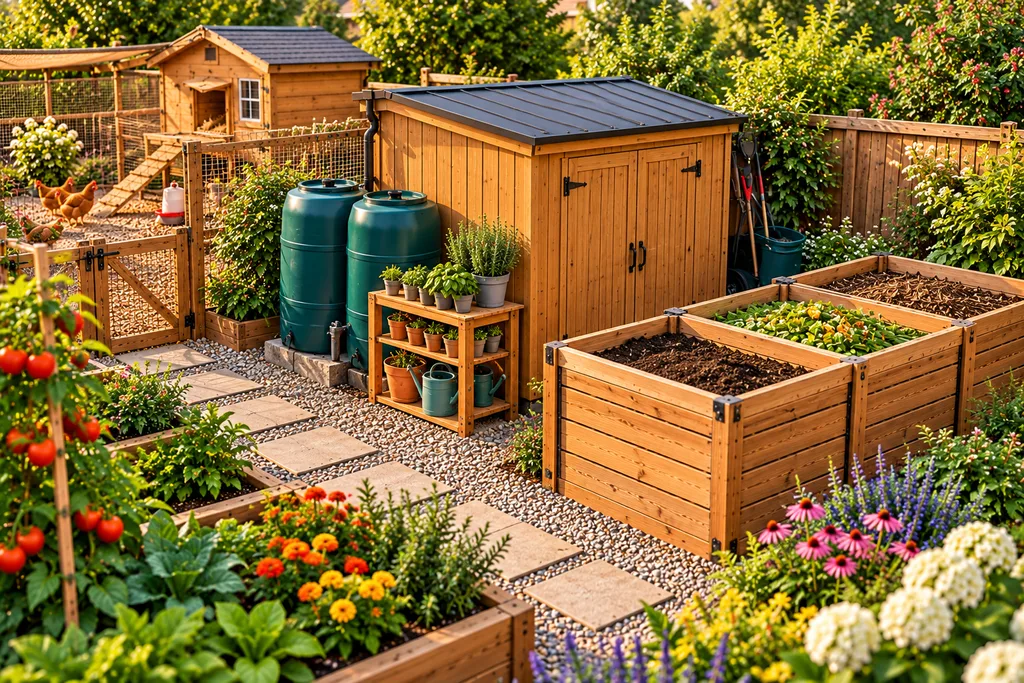 Utility area in a 30x40 self-sufficient backyard design featuring a wooden tool shed, two rainwater barrels, raised compost bins, and a potting shelf.