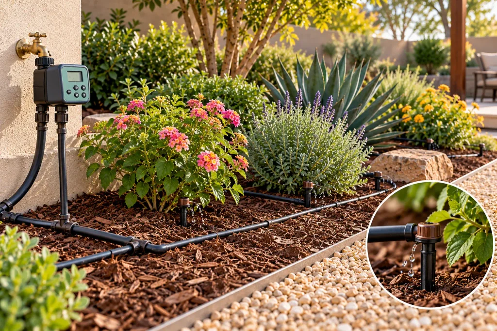 Backyard drip irrigation system with a digital watering timer, black irrigation tubing, and drip emitters delivering water to plants in a mulched garden bed.
