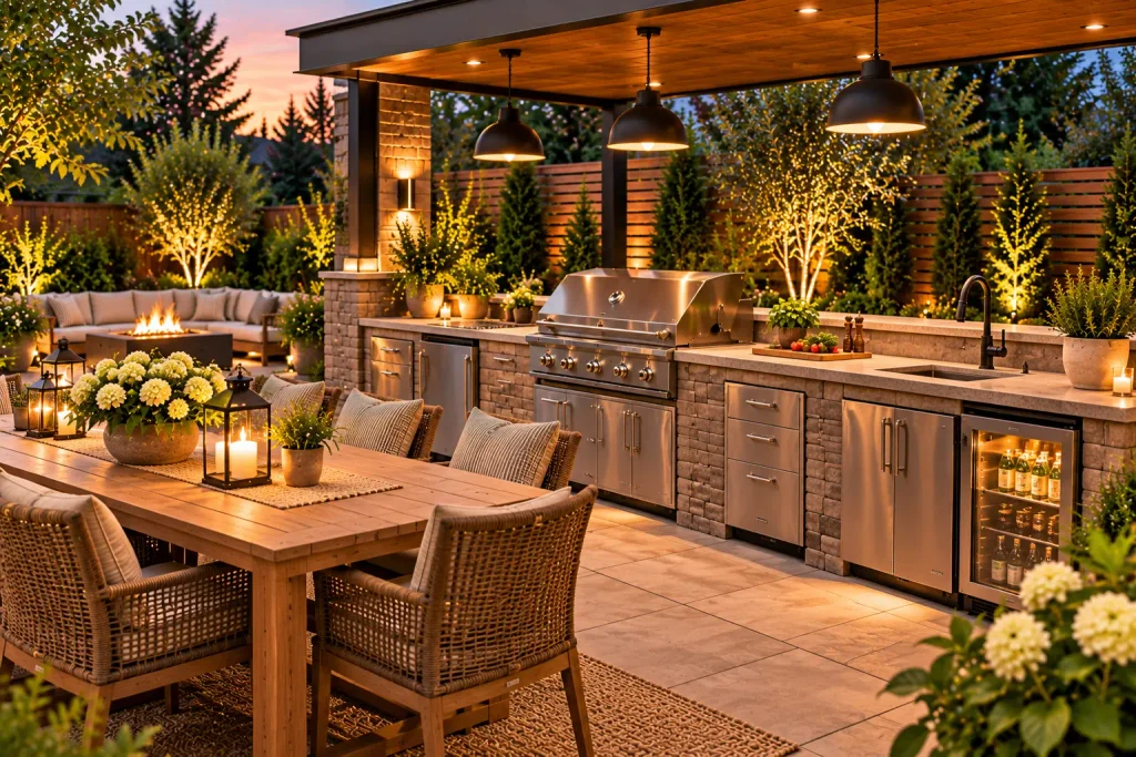 Backyard outdoor kitchen with a built-in stainless steel grill, stone countertops, sink, storage cabinets, and adjacent outdoor dining area.