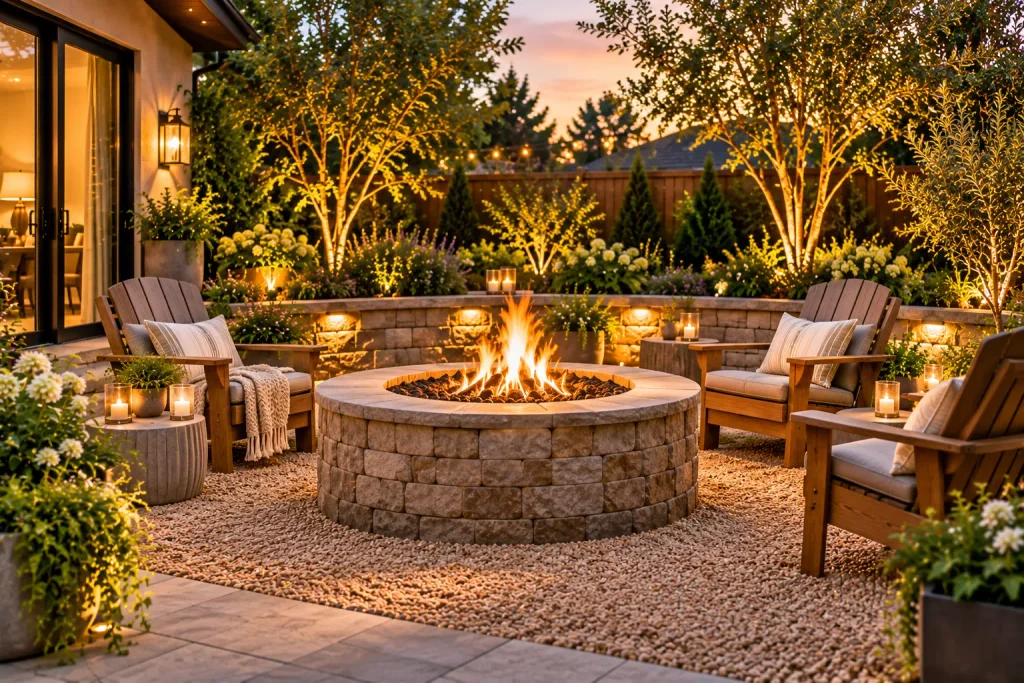 Backyard patio with a circular stone fire pit, cushioned wooden chairs, gravel seating area, and illuminated garden landscaping at dusk.