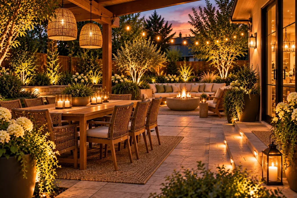 Beautiful backyard patio illuminated by hanging pendant lights, string lights, candles, landscape lighting, and a glowing fire pit at dusk.