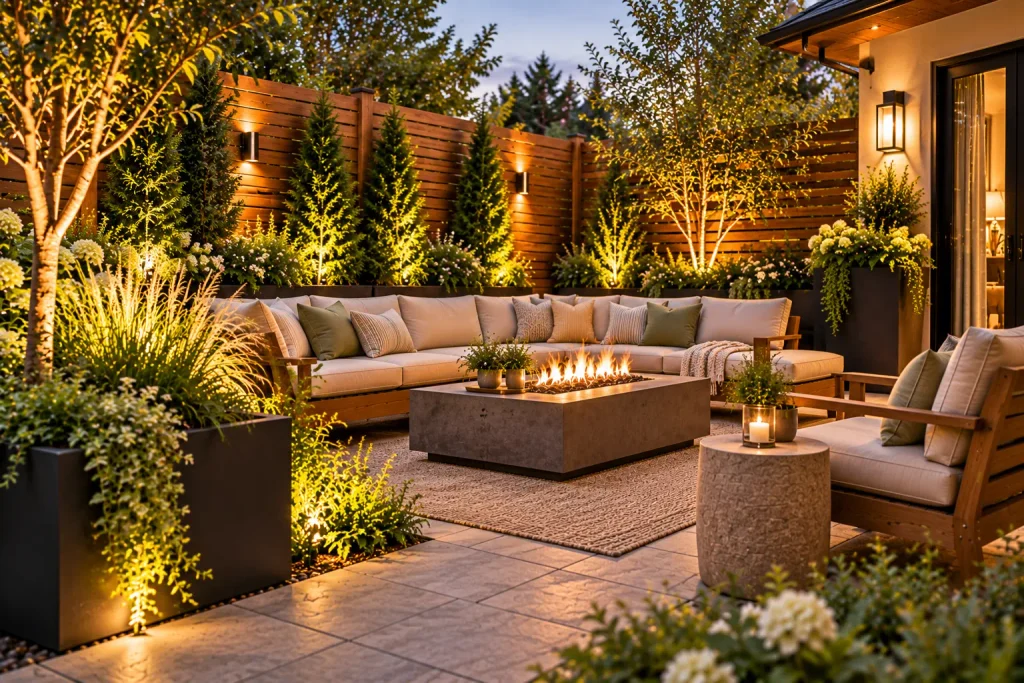 Private backyard patio with horizontal wooden privacy screens, tall planters, lush greenery, cream outdoor sectional seating, and a modern fire table.