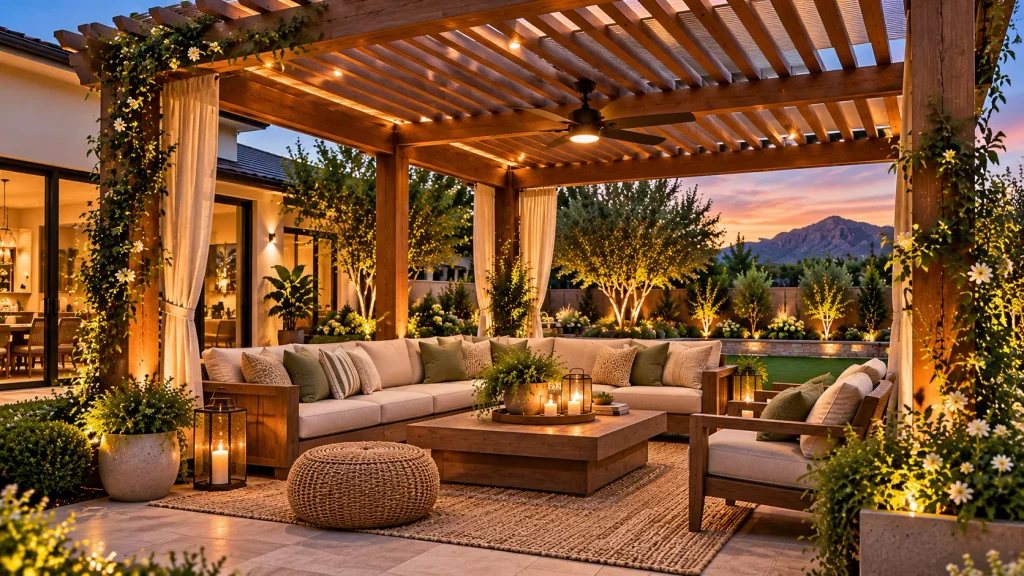 Beautiful wooden backyard pergola with a slatted roof, flowing outdoor curtains, comfortable sectional seating, climbing flowers, and warm evening lighting.