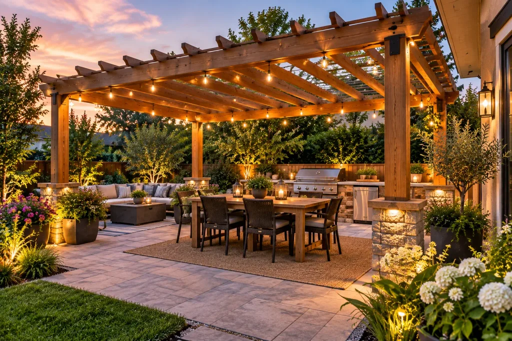 Wooden backyard pergola with string lights, outdoor dining furniture, lounge seating, and surrounding landscaping at sunset.
