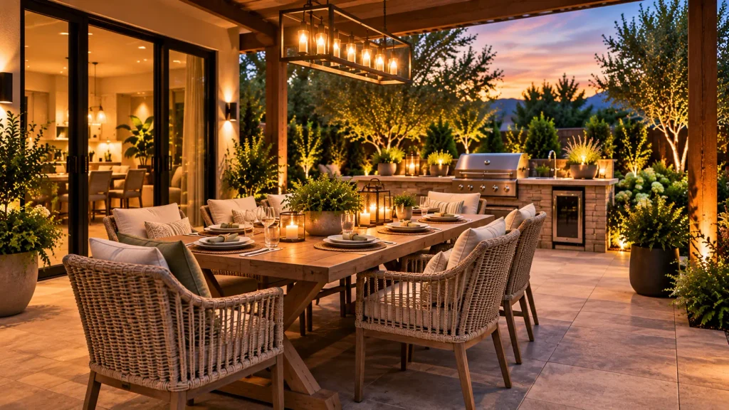 Elegant covered outdoor dining area with a wooden table, cushioned woven chairs, hanging pendant lights, candles, and a nearby outdoor kitchen.