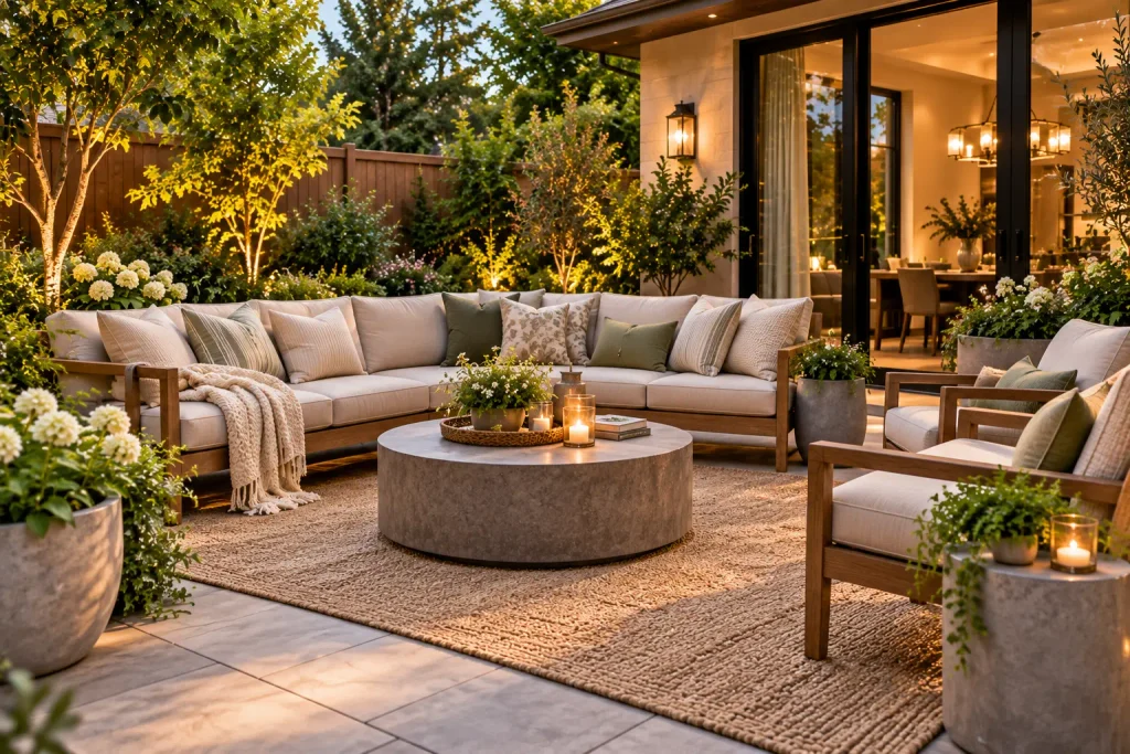 Cozy backyard patio lounge with a cream sectional sofa, wooden armchairs, round coffee table, outdoor rug, and lush landscaping.