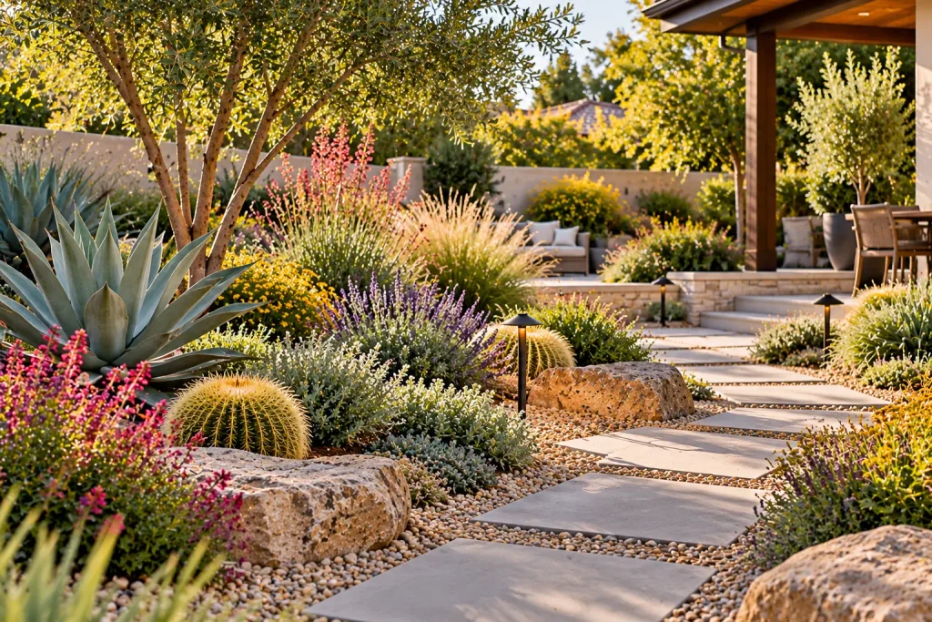 Beautiful drought-tolerant backyard garden featuring agave plants, golden barrel cacti, flowering perennials, ornamental grasses, natural boulders, and stone pathways.