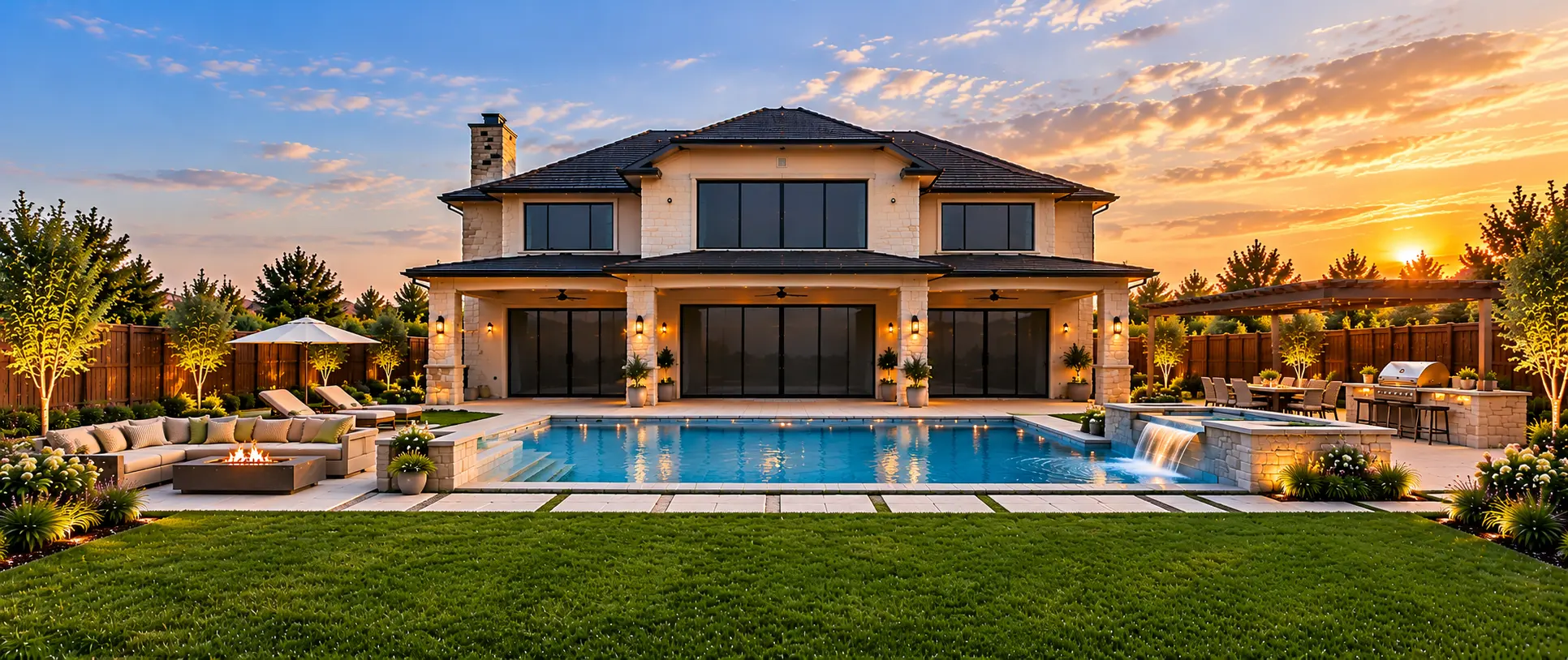 Finished luxury backyard with pool, landscaping, and outdoor kitchen