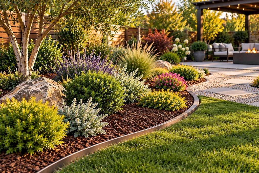 Curved metal landscape edging separating a green lawn from mulched garden beds filled with flowering shrubs, ornamental grasses, and decorative boulders.