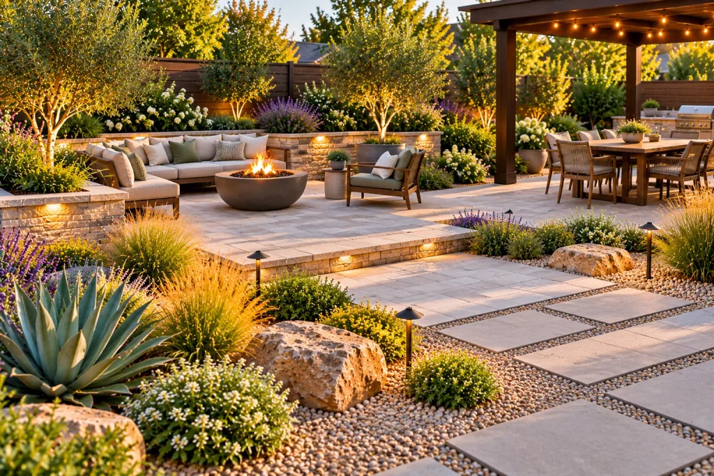 Low-maintenance backyard featuring stone paver patios, gravel pathways, a fire pit seating area, pergola-covered dining space, and landscaped garden beds.
