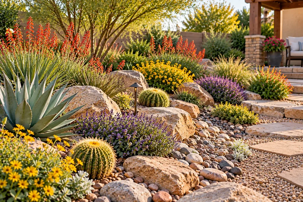 Low-maintenance backyard rock garden featuring natural boulders, decorative river rocks, agave plants, barrel cacti, colorful drought-tolerant flowers, and stone stepping paths