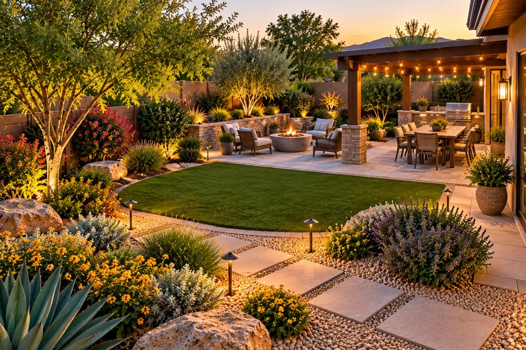 Beautiful backyard with a smaller green lawn surrounded by gravel landscaping, drought-tolerant plants, stone pathways, a fire pit seating area, and a covered outdoor dining space.