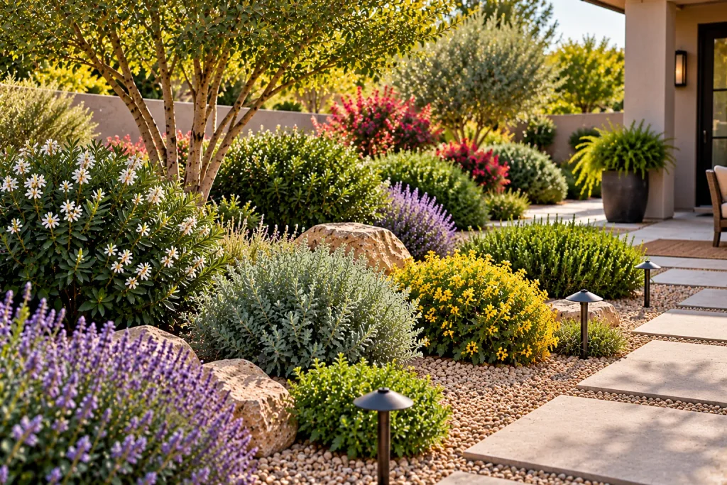 Low-maintenance backyard landscaping with naturally rounded green shrubs, flowering bushes, lavender, decorative gravel, and stone stepping paths.
