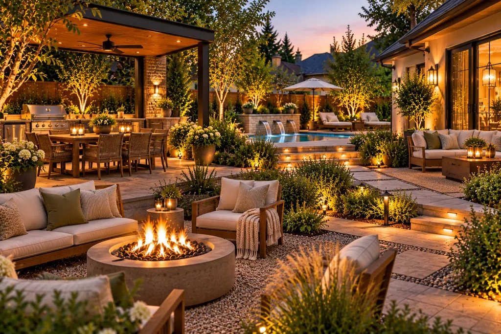Spacious multi-zone backyard patio with a fire pit seating area, covered outdoor dining space, grilling station, swimming pool, and landscaped walkways.