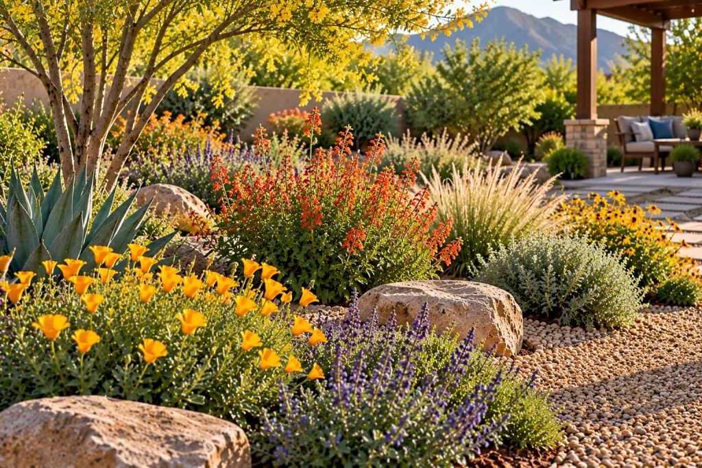 Colorful desert backyard landscaping with native-style flowering plants, yellow wildflowers, red penstemon, purple blooms, agave, ornamental grasses, and a flowering tree