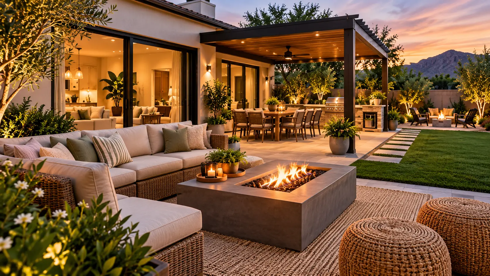 Beautiful outdoor living space with a comfortable sectional sofa, modern fire table, covered dining area, outdoor kitchen, and warm sunset lighting.