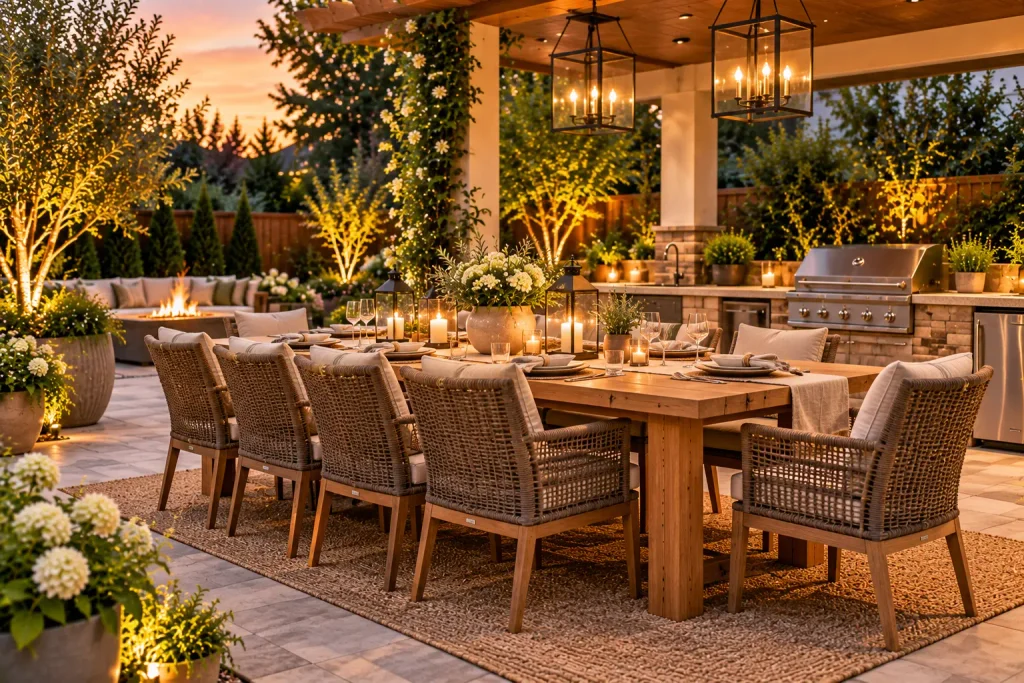 Elegant outdoor patio dining area with a large wooden table, cushioned woven chairs, pendant lighting, and a nearby outdoor kitchen.