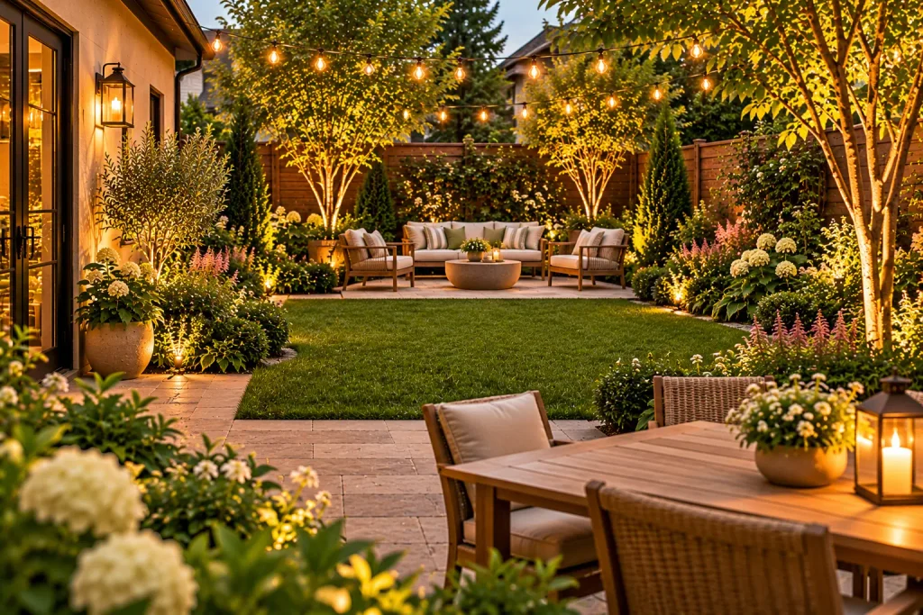Beautifully balanced small backyard with an open central lawn, stone patio, comfortable outdoor seating, lush flowering garden borders, and warm string lights.