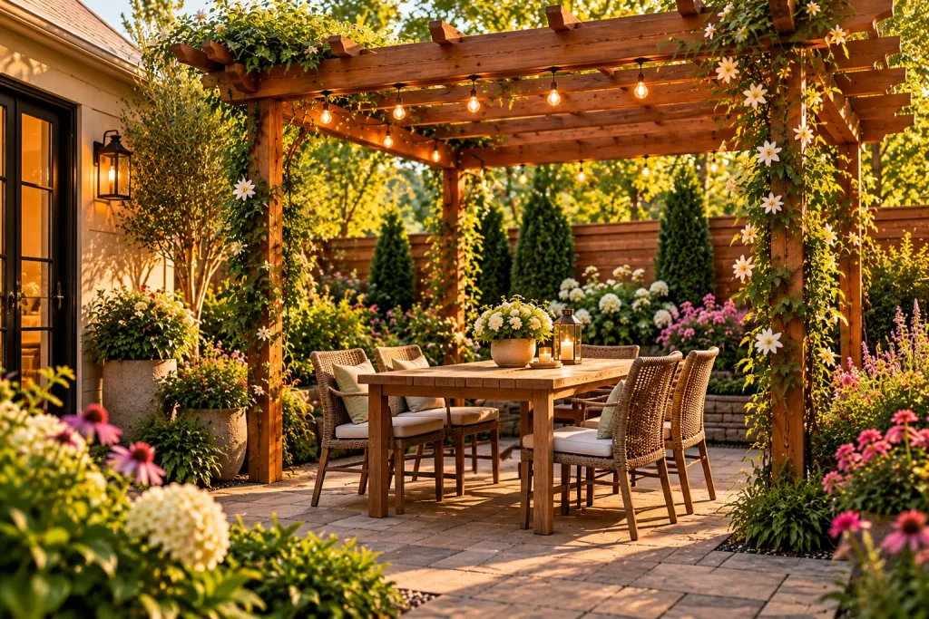 Cedar pergola with string lights covering a small backyard dining area surrounded by colorful flowers and lush greenery.