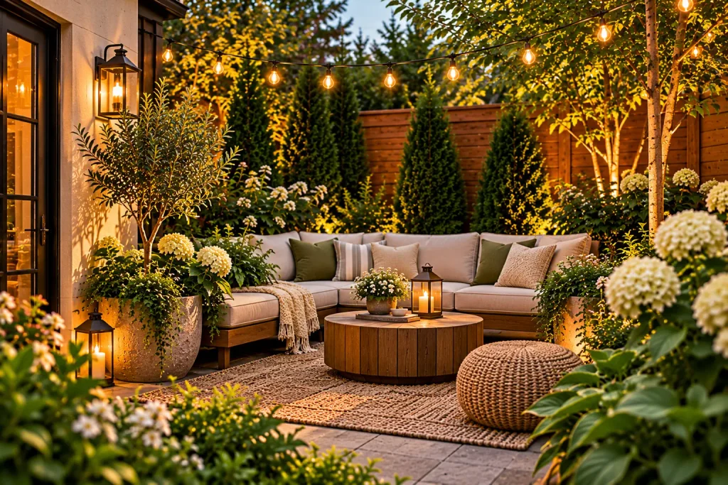 Cozy small backyard lounge featuring a compact sectional sofa, round wooden coffee table, woven outdoor rug, string lights, and lush surrounding greenery.