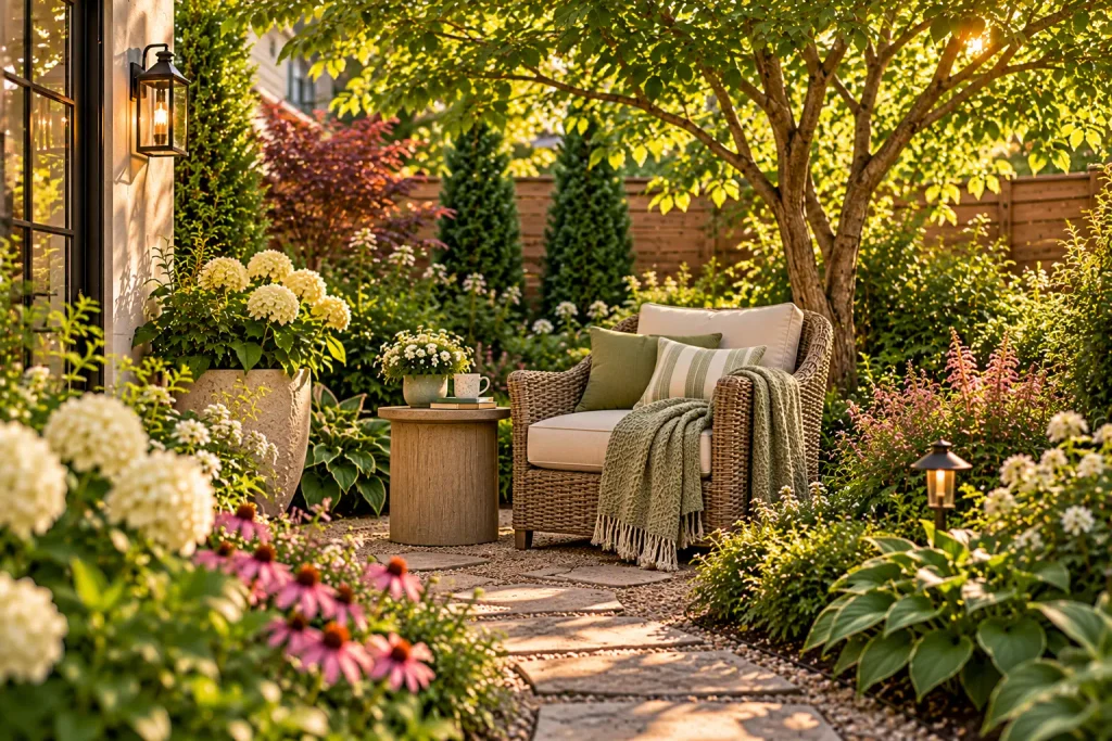 Secluded backyard reading nook with a cushioned wicker chair, small wooden side table, leafy shade tree, and colorful flowering garden borders.