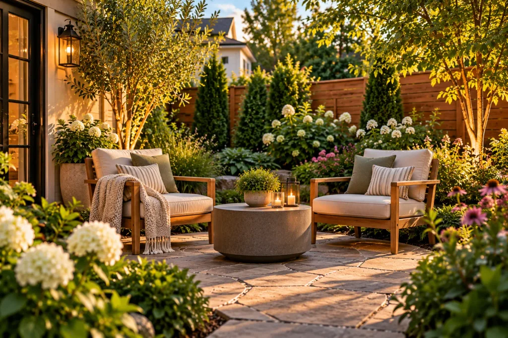 Cozy small backyard stone patio with two cushioned wooden chairs, a round table, and lush surrounding greenery.