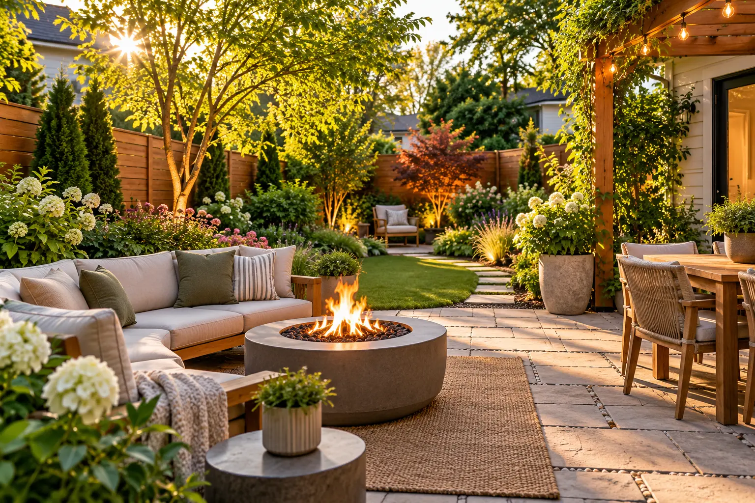 Beautifully landscaped small backyard with a stone patio, fire pit, pergola, and lush garden.