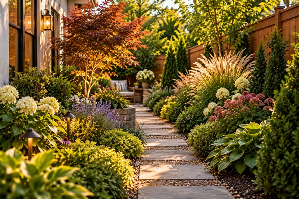Narrow backyard garden with a stone stepping path, layered shrubs, flowering perennials, ornamental grasses, and a Japanese maple tree.