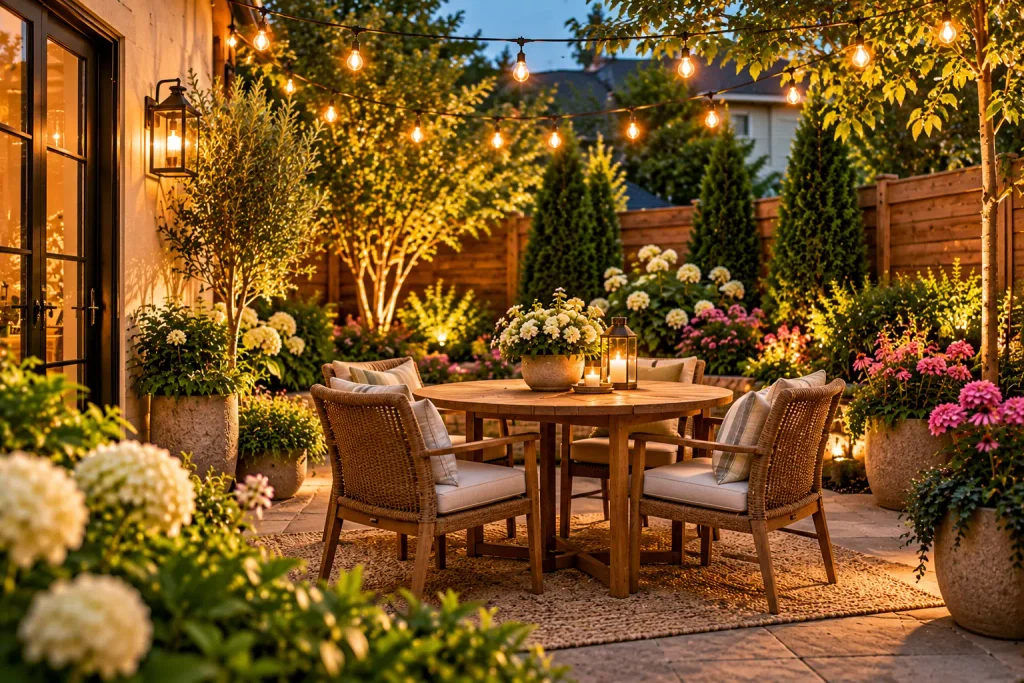 Small backyard dining patio featuring a round wooden table, four cushioned wicker chairs, potted flowers, and warm overhead string lights.