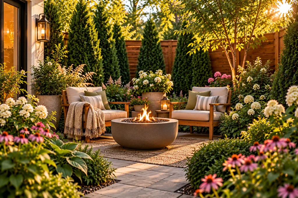 Private backyard seating area with two cushioned wooden chairs, a round fire pit, tall evergreen shrubs, flowering plants, and a wooden privacy fence.