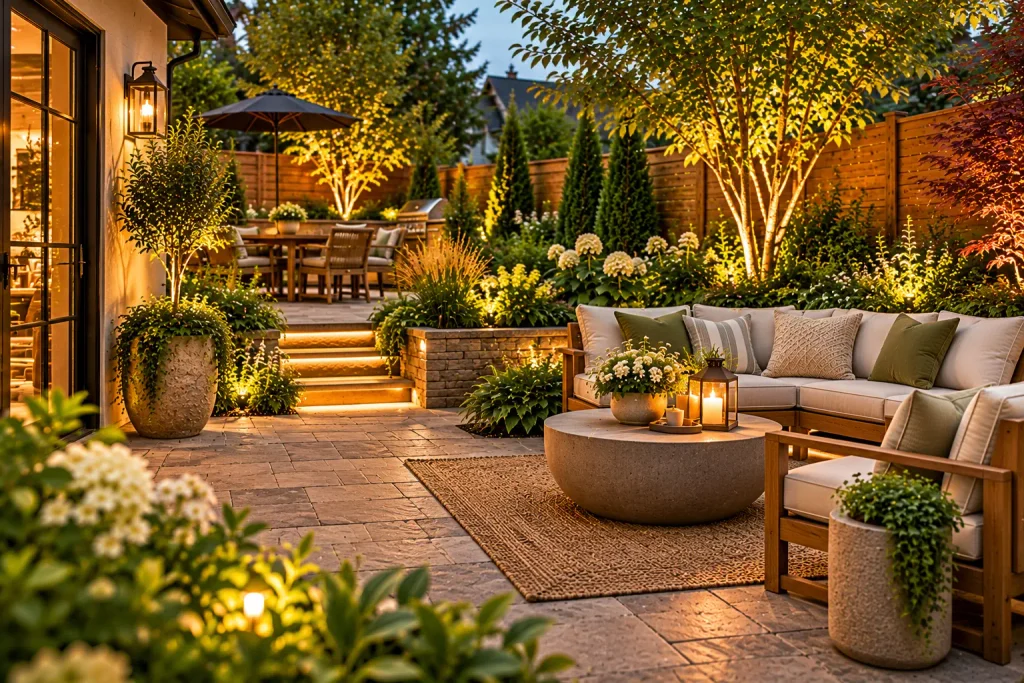 Contemporary small backyard featuring natural stone paving, a cushioned outdoor sectional, warm wood accents, lush garden beds, and soft landscape lighting.